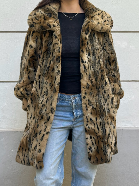 Vintage Cheetah/Leopard Print Faux Fur Coat M