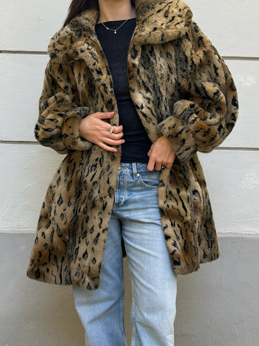 Vintage Cheetah/Leopard Print Faux Fur Coat M