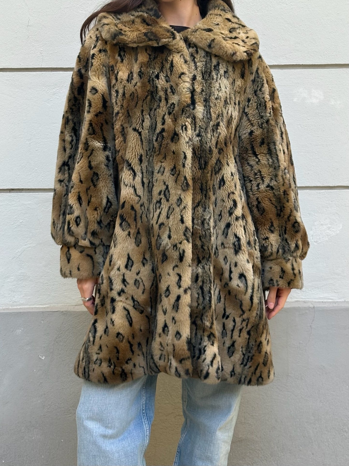 Vintage Cheetah/Leopard Print Faux Fur Coat M