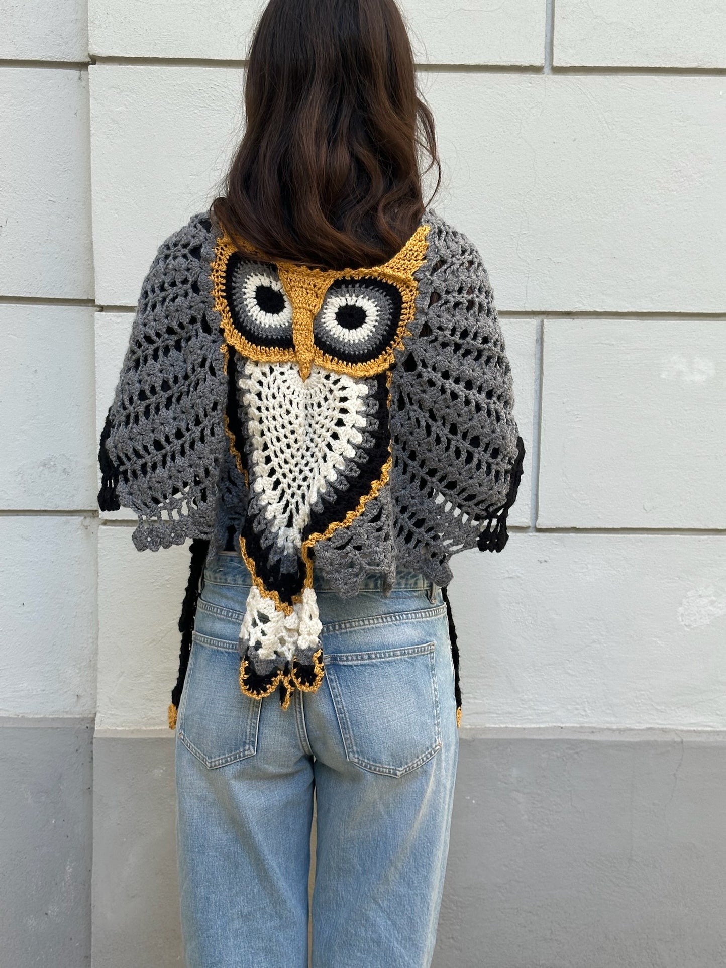 Vintage Hand Knit Owl Shawl One Size