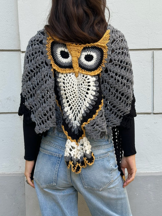 Vintage Hand Knit Owl Shawl One Size