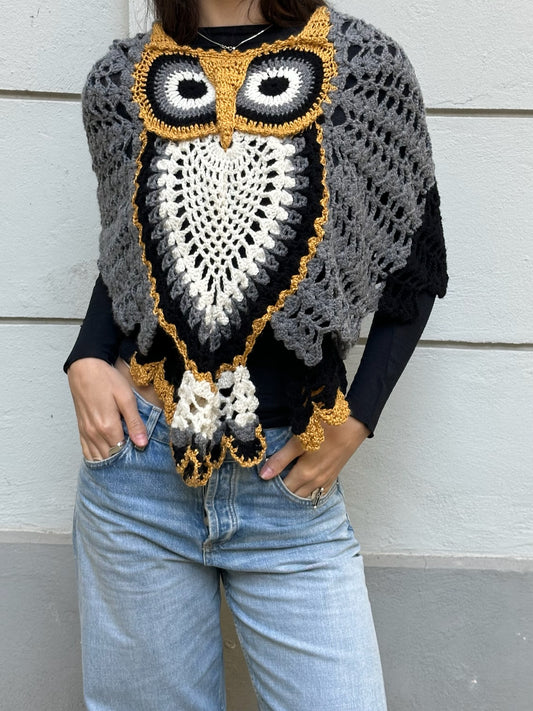 Vintage Hand Knit Owl Shawl One Size