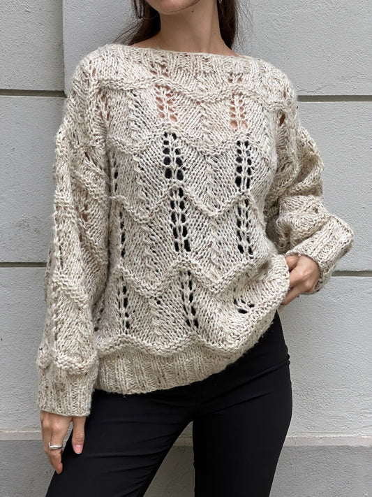 Vintage Handmade Knitted Pullover Light Oatmeal Sweater M