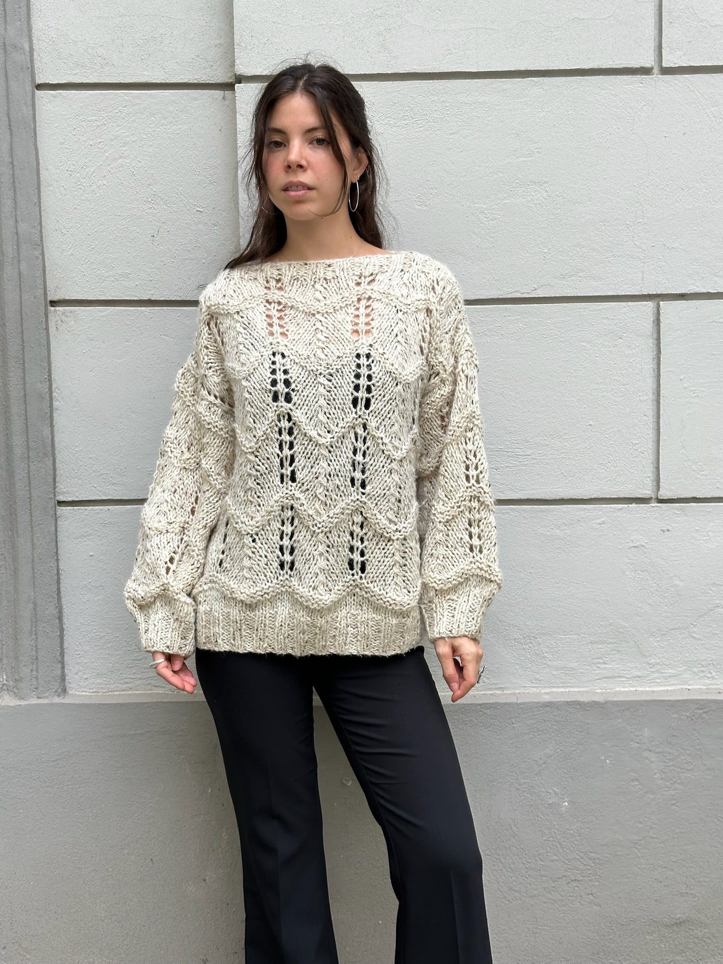Vintage Handmade Knitted Pullover Light Oatmeal Sweater M