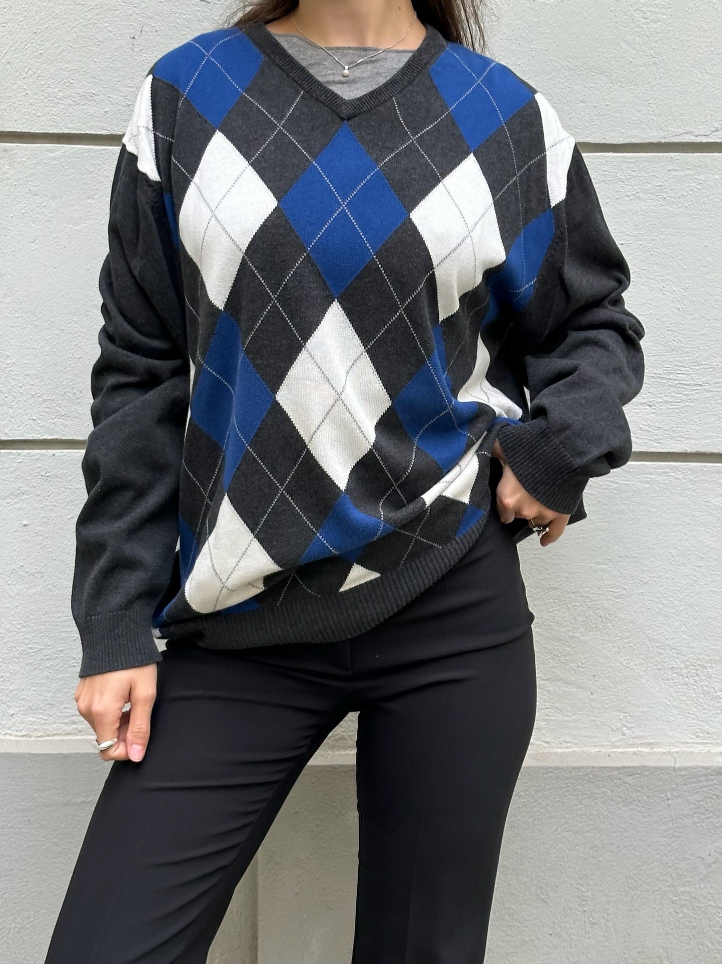 Vintage 100% Cotton Argyle Pattern V-Neck Pullover Sweater L