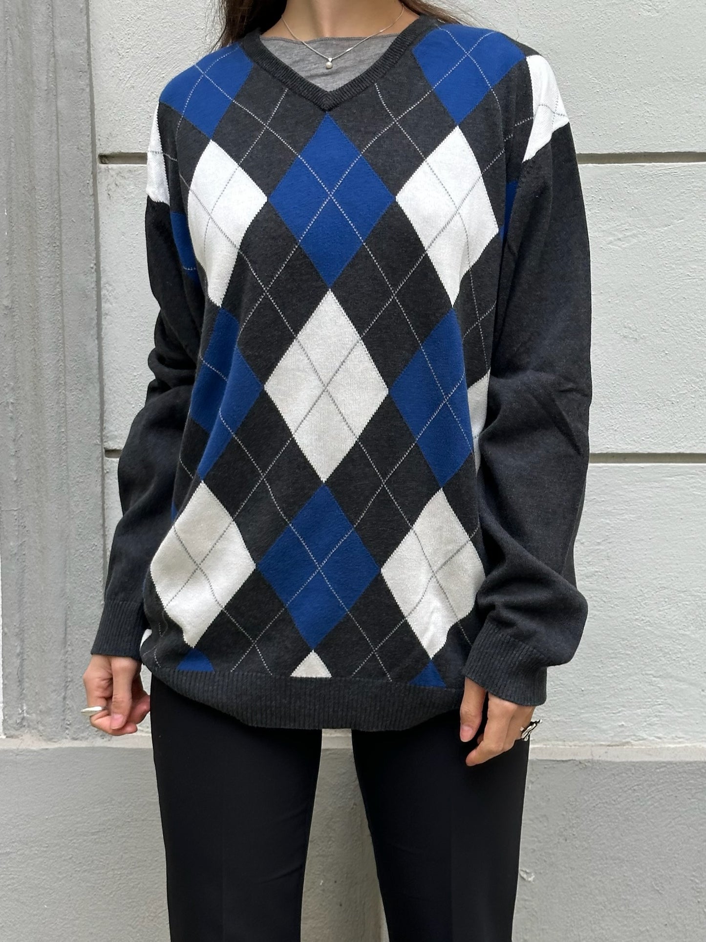 Vintage 100% Cotton Argyle Pattern V-Neck Pullover Sweater L