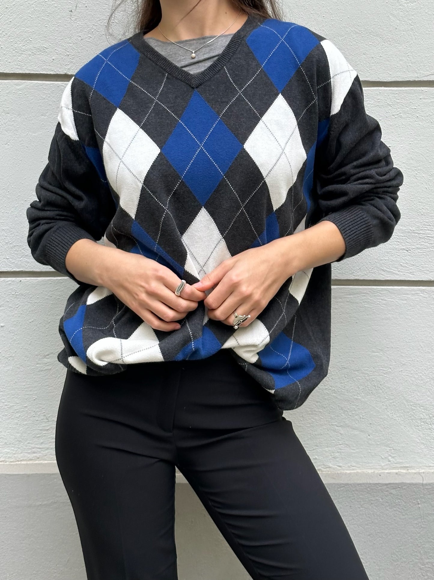 Vintage 100% Cotton Argyle Pattern V-Neck Pullover Sweater L