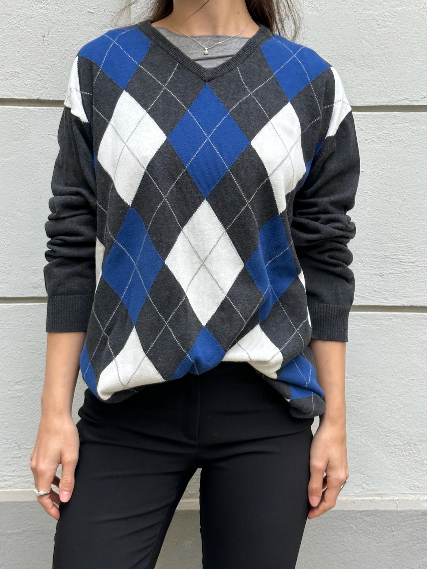 Vintage 100% Cotton Argyle Pattern V-Neck Pullover Sweater L