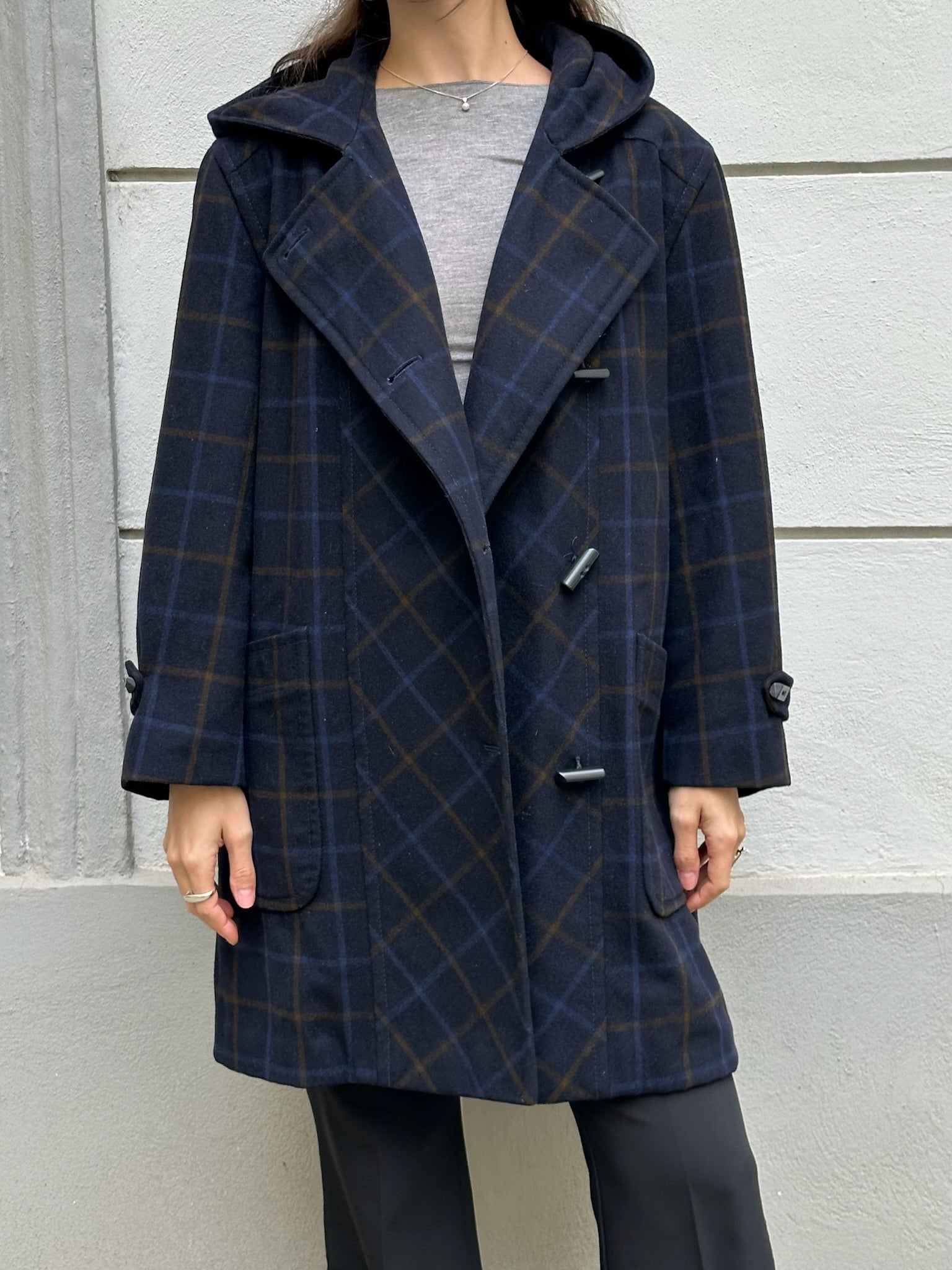Vintage Navy Blue Plaid 100% Virgin Wool Coat With Hoodie M