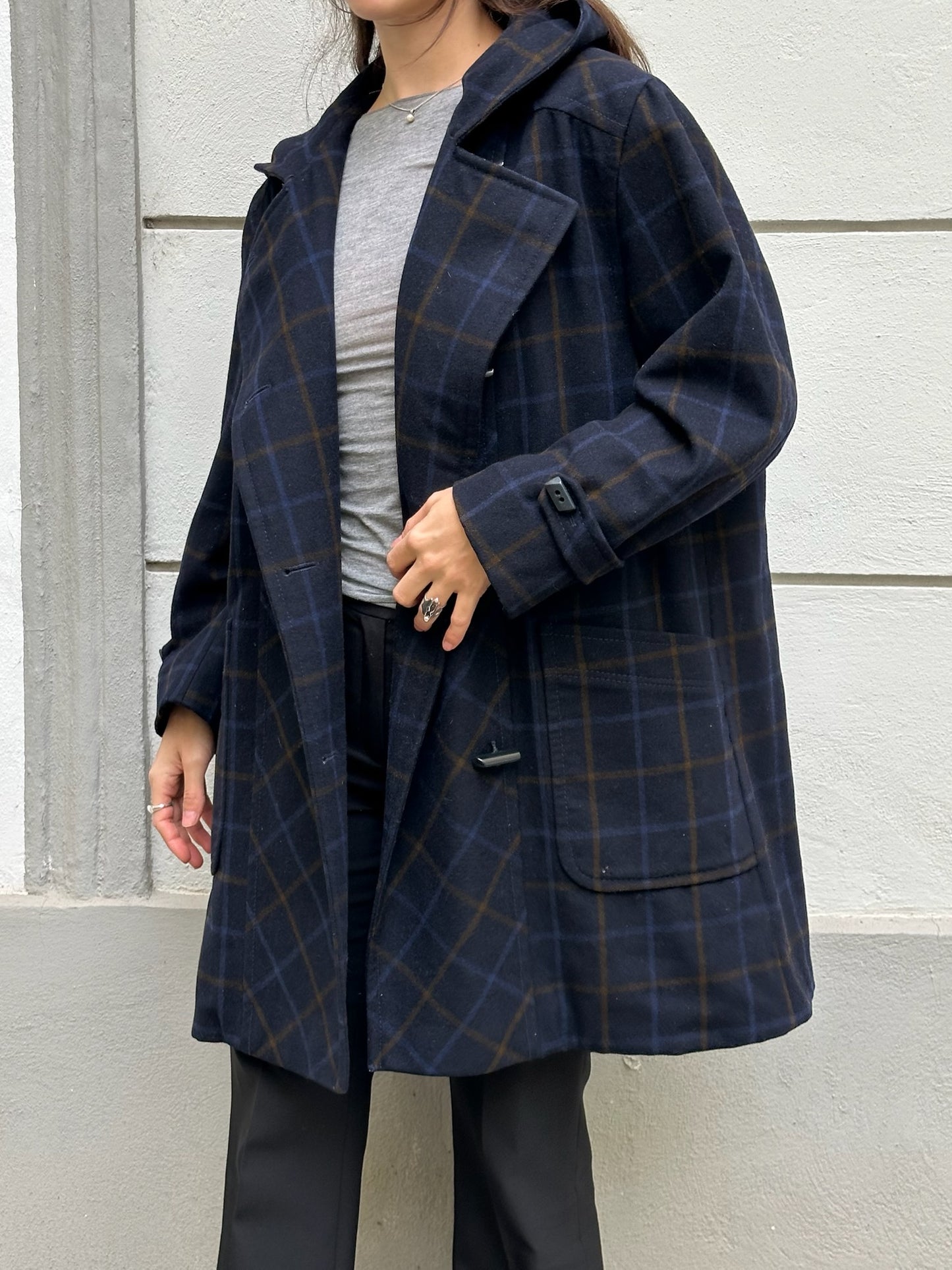 Vintage Navy Blue Plaid 100% Virgin Wool Coat With Hoodie M