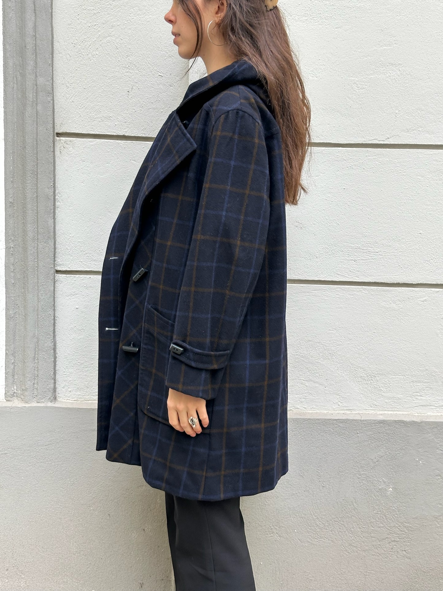 Vintage Navy Blue Plaid 100% Virgin Wool Coat With Hoodie M