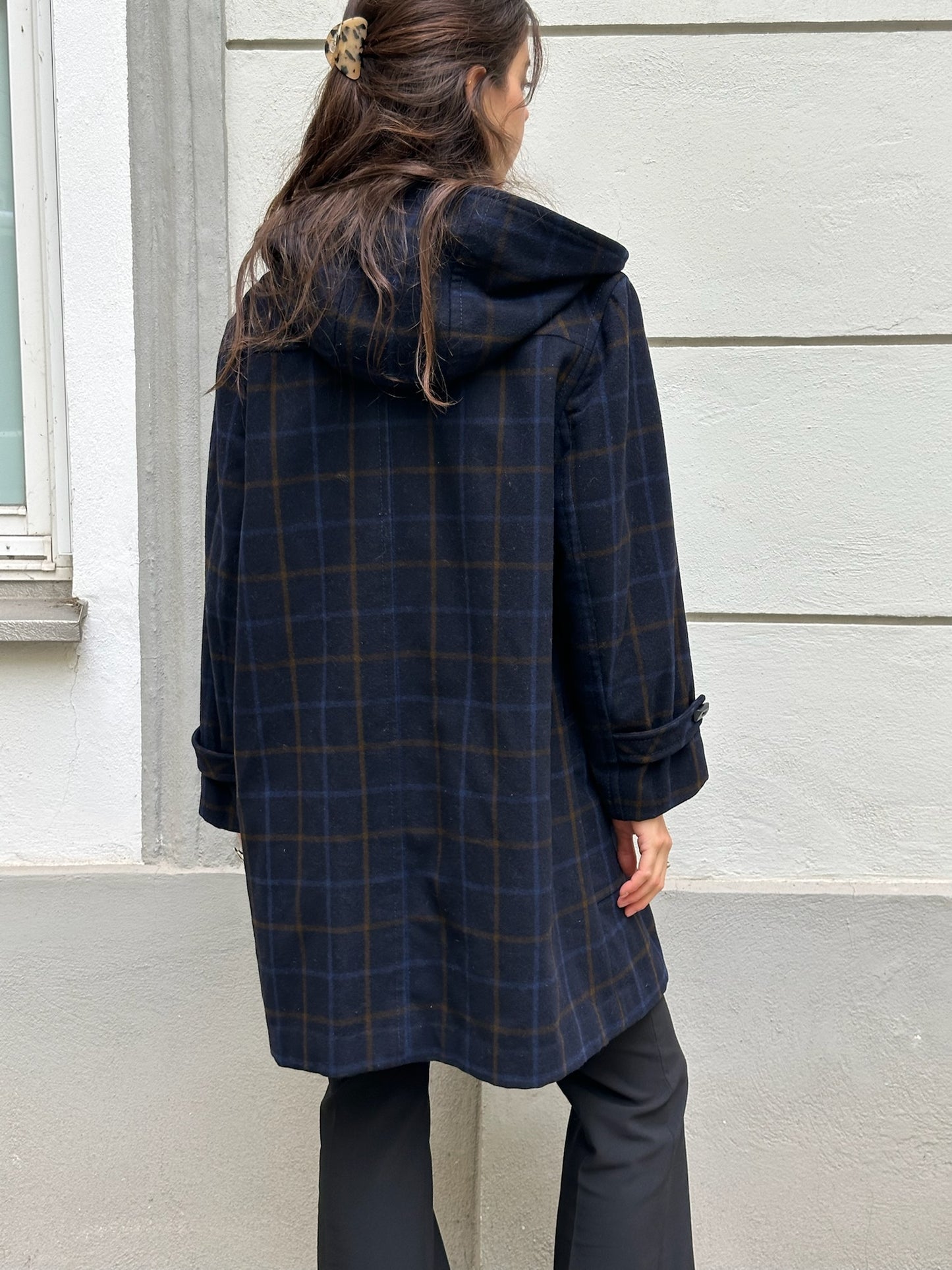 Vintage Navy Blue Plaid 100% Virgin Wool Coat With Hoodie M