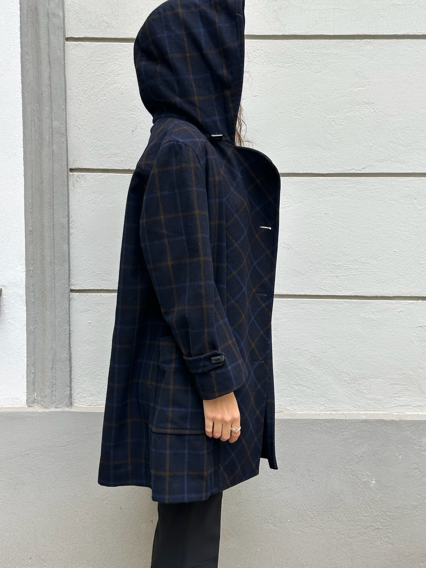 Vintage Navy Blue Plaid 100% Virgin Wool Coat With Hoodie M