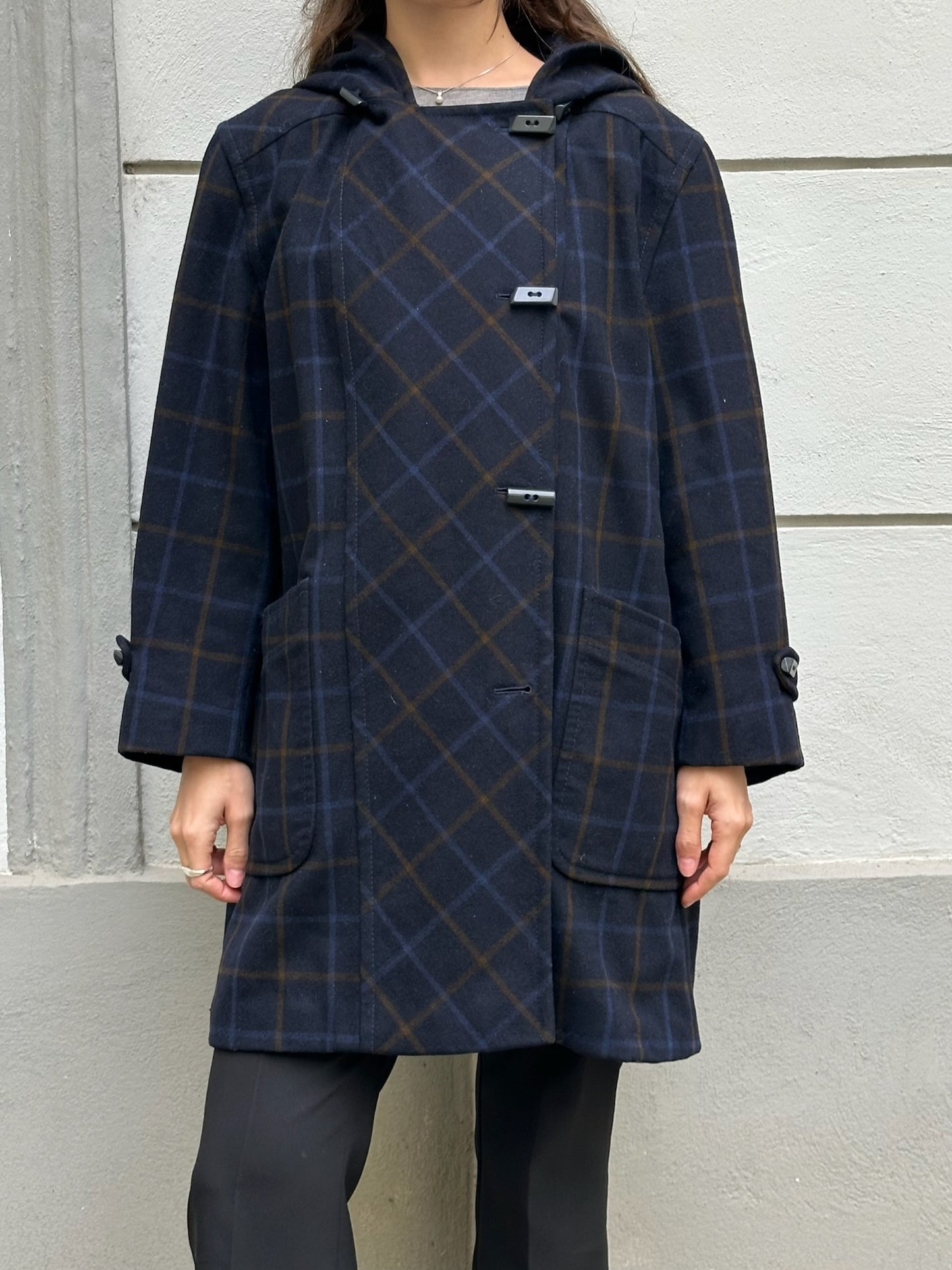 Vintage Navy Blue Plaid 100% Virgin Wool Coat With Hoodie M