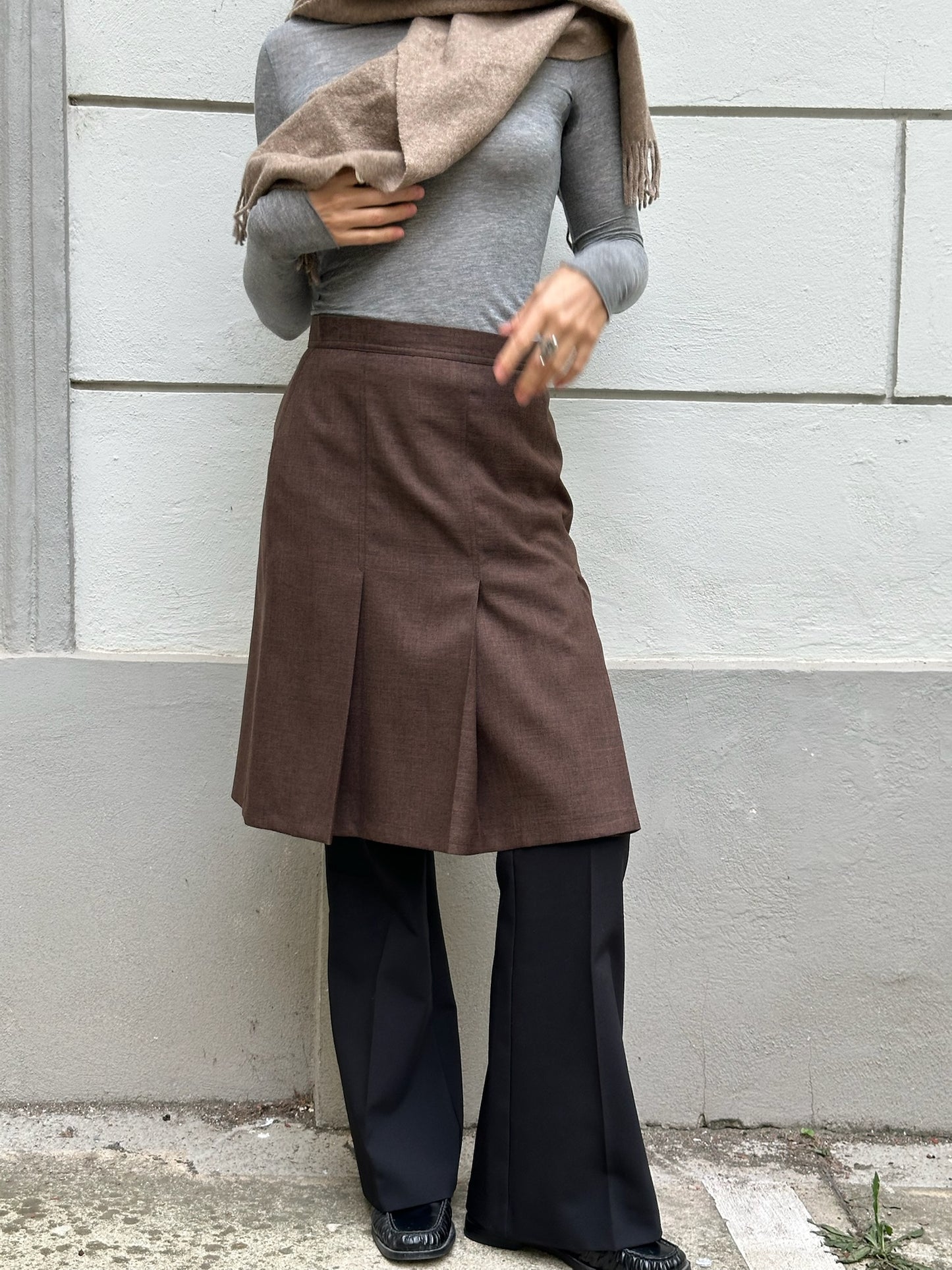 Vintage 90's Brown Pleated Slit Knee Length Skirt S