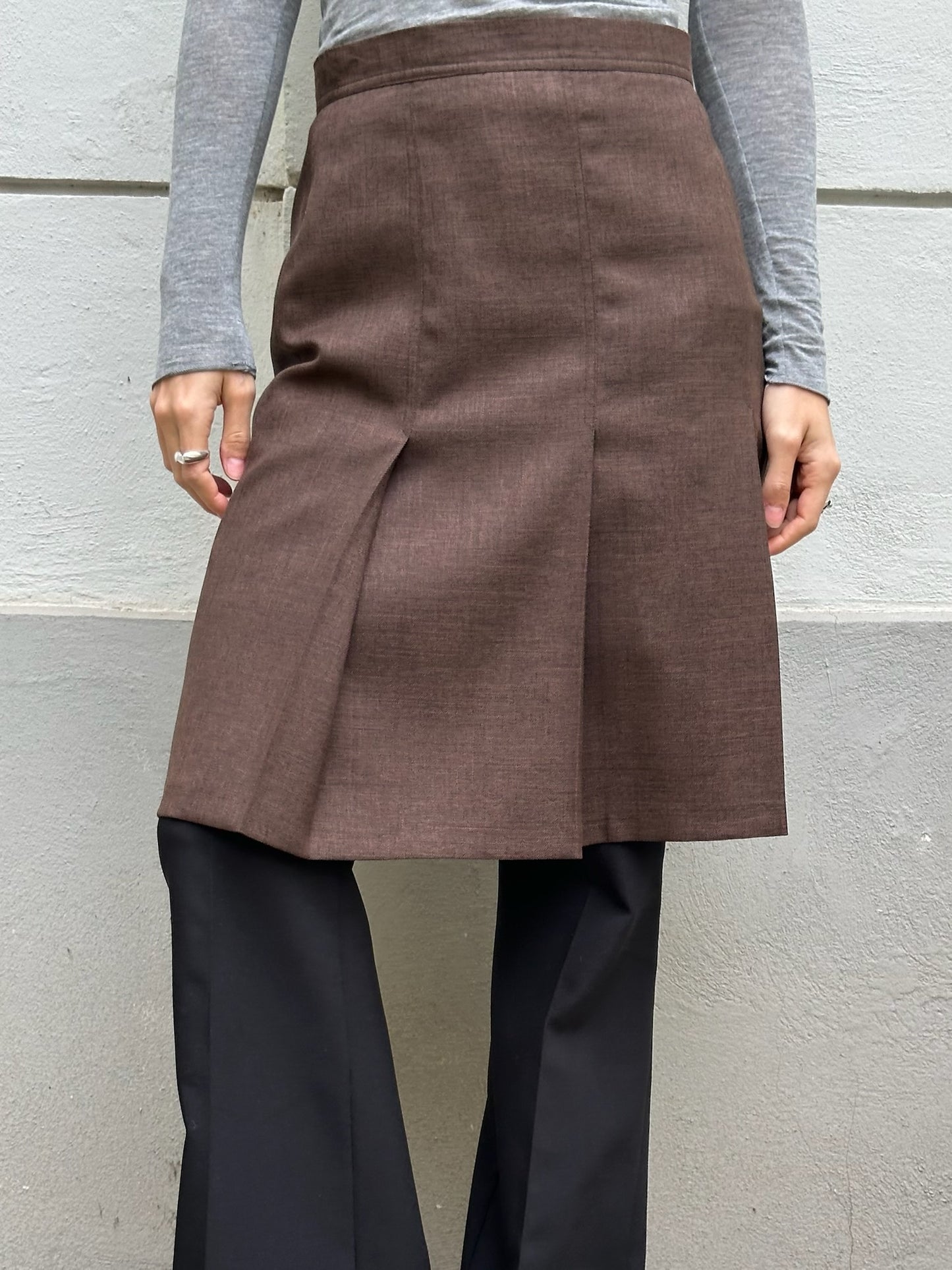Vintage 90's Brown Pleated Slit Knee Length Skirt S