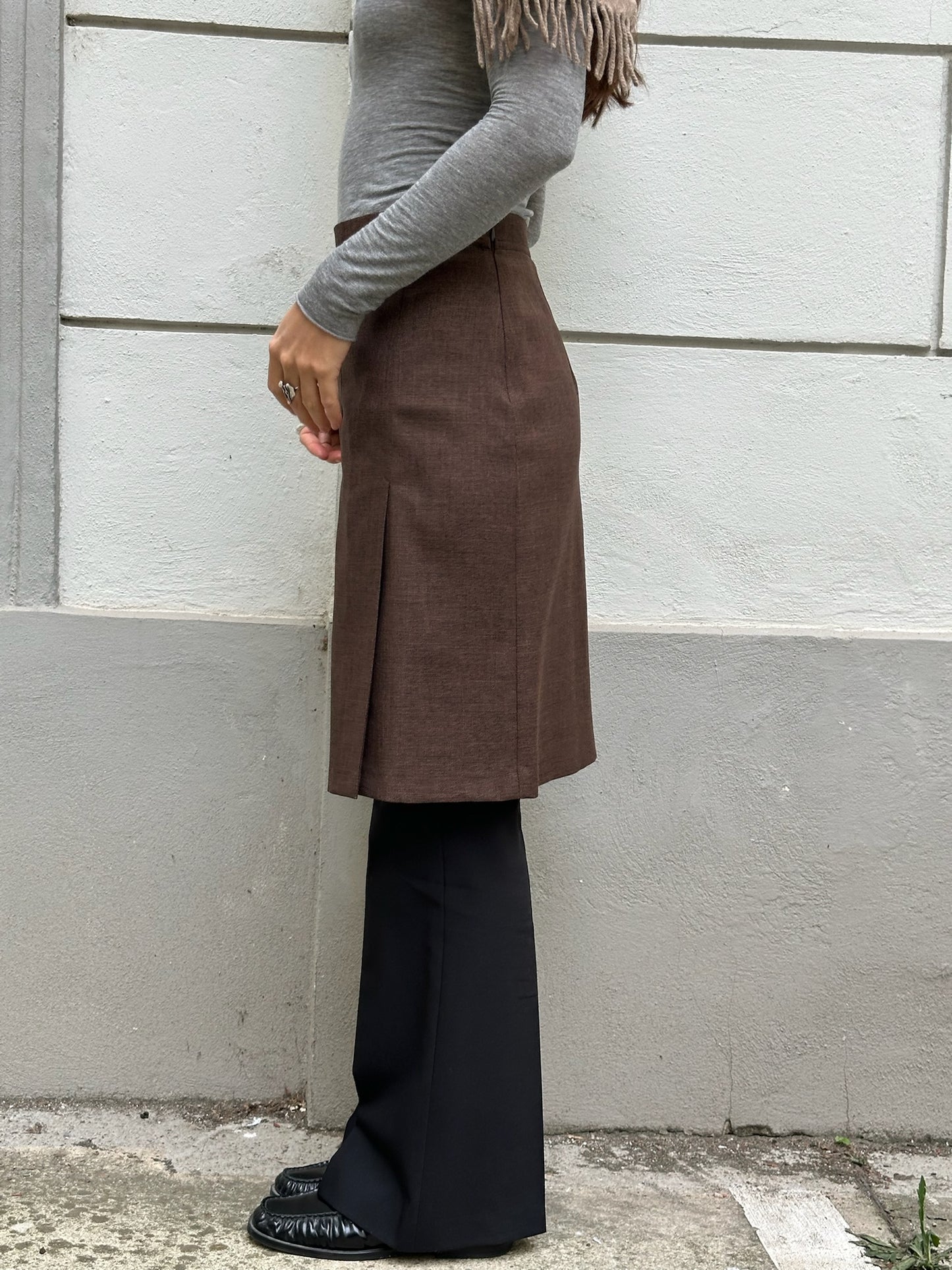 Vintage 90's Brown Pleated Slit Knee Length Skirt S