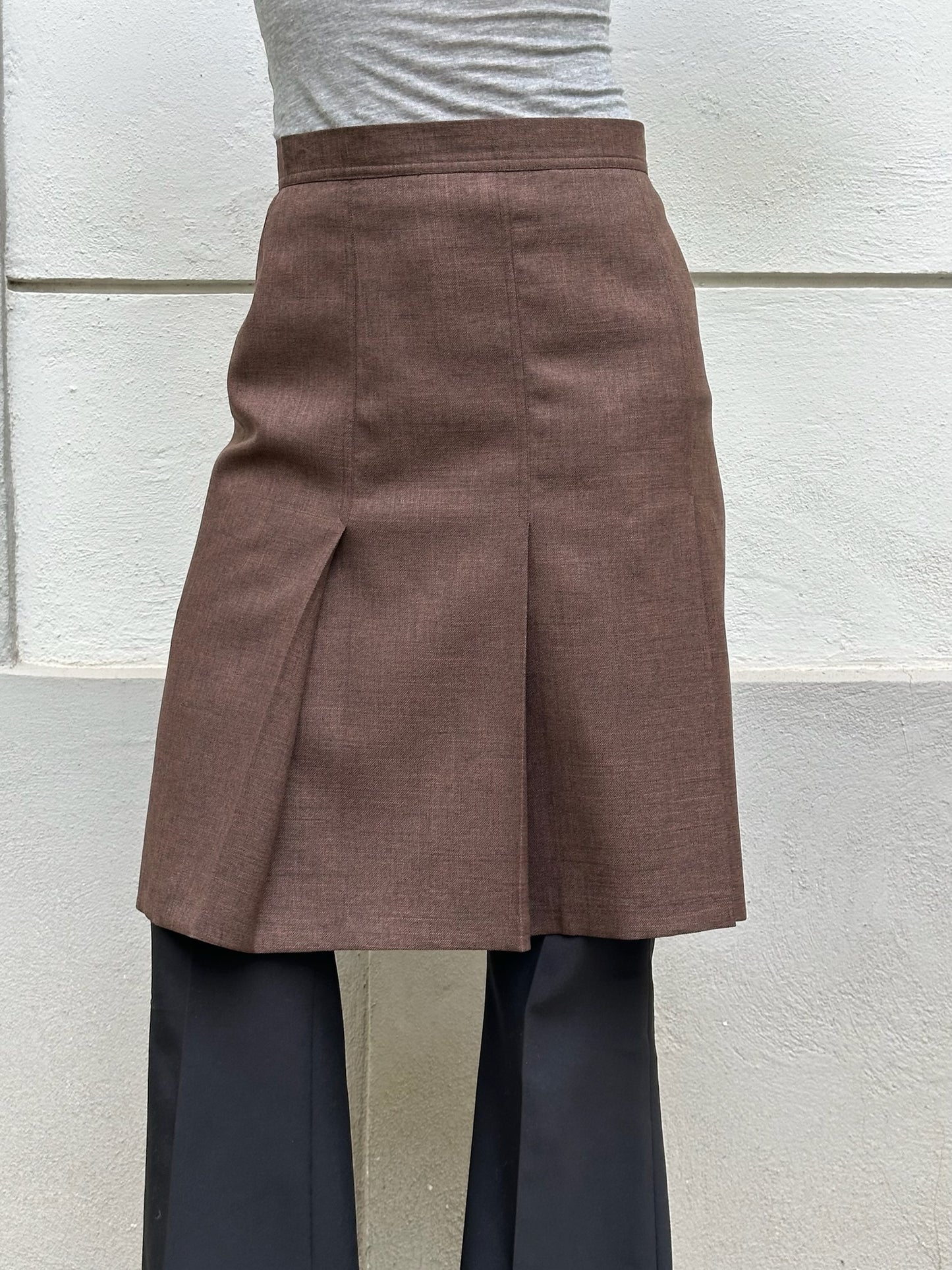 Vintage 90's Brown Pleated Slit Knee Length Skirt S