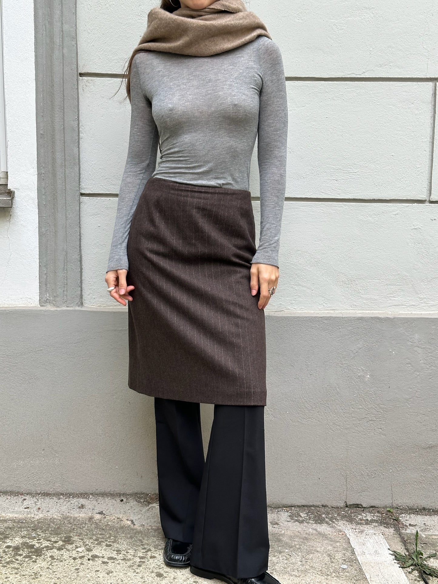 Vintage Brown Pinstripe Wool Blend Knee Length Skirt S