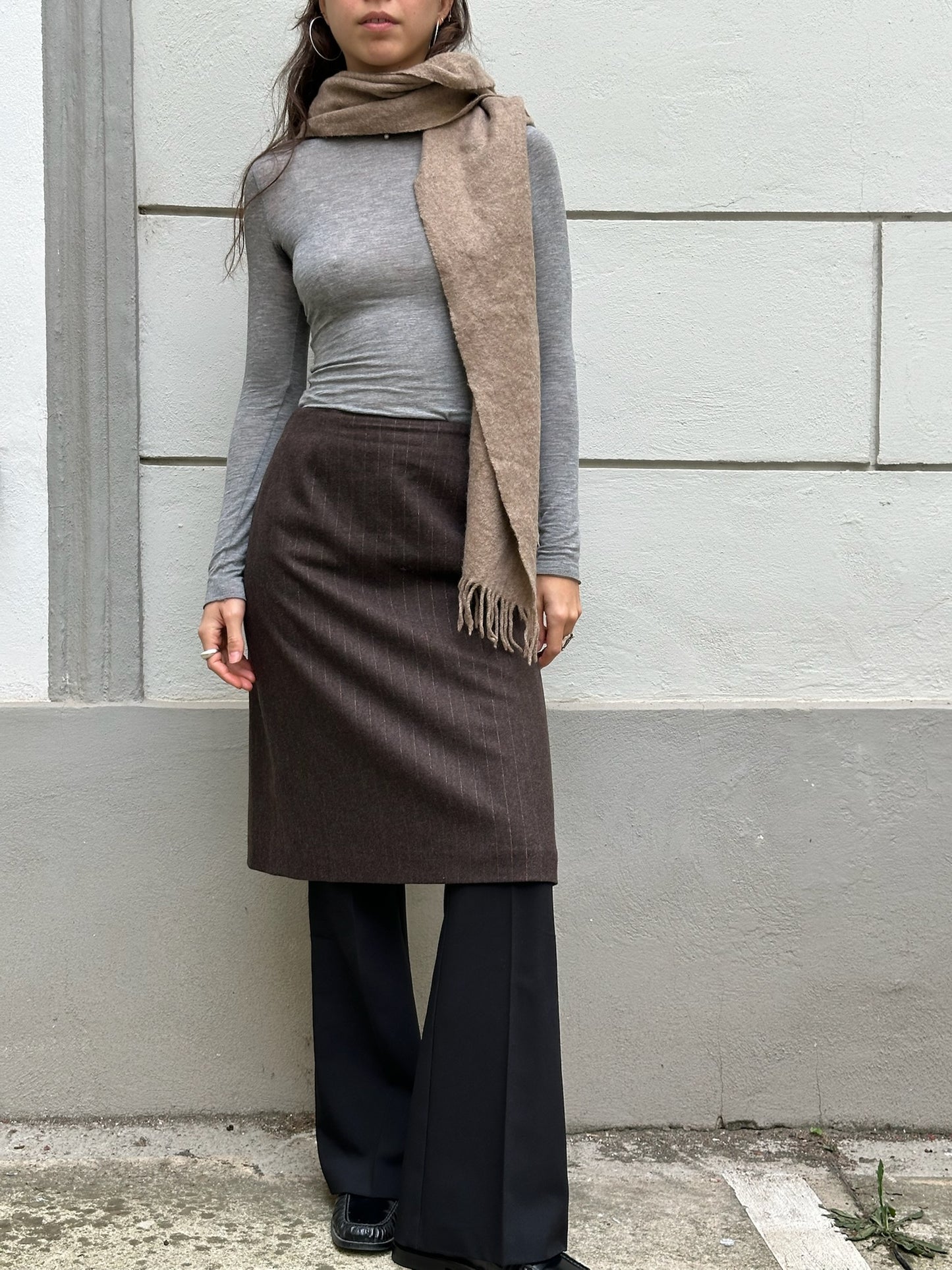 Vintage Brown Pinstripe Wool Blend Knee Length Skirt S