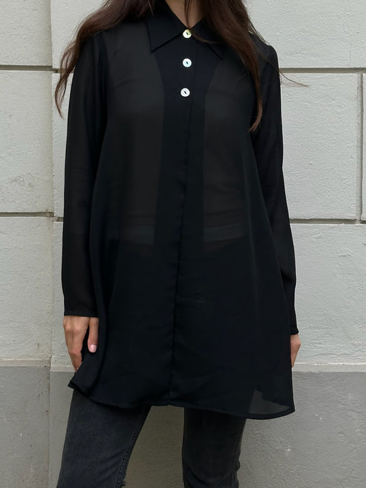 Vintage Black Sheer 3 Button Open Back Blouse M