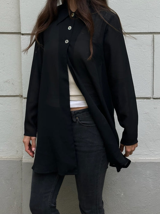 Vintage Black Sheer 3 Button Open Back Blouse M