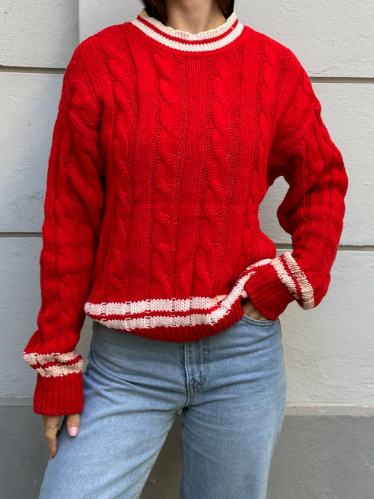 Vintage Bright Red & White Stripe Cotton Cable Knit Sweater M