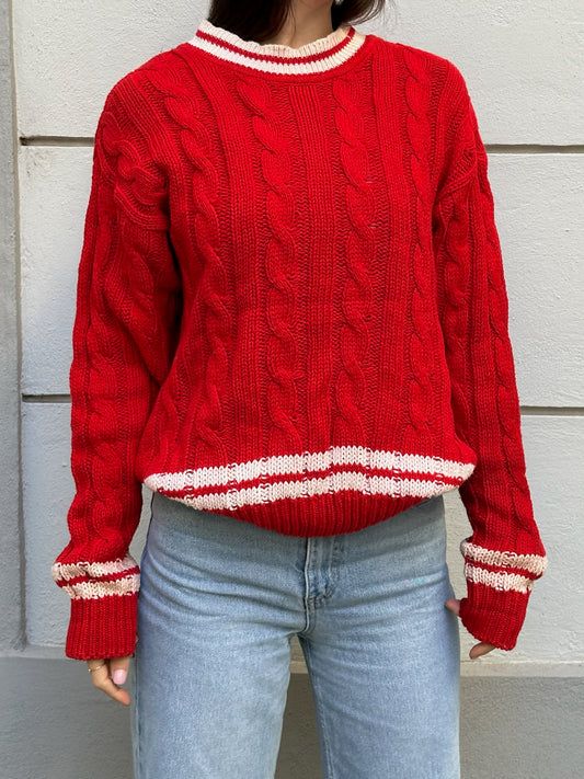Vintage Bright Red & White Stripe Cotton Cable Knit Sweater M