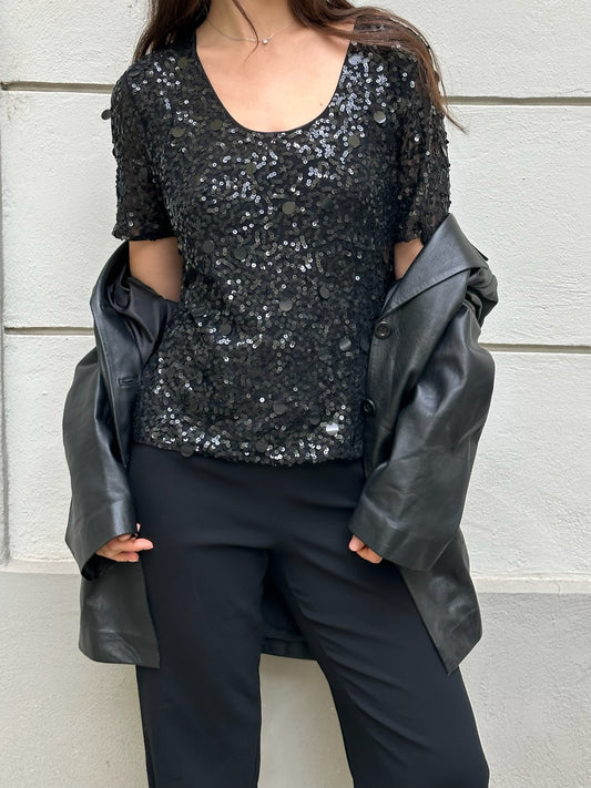 Vintage 100% Viscose Black Sequin Top M