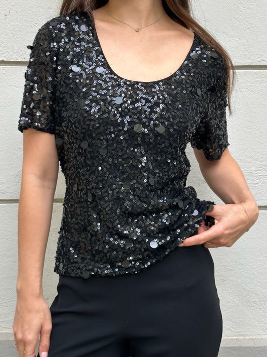 Vintage 100% Viscose Black Sequin Top M