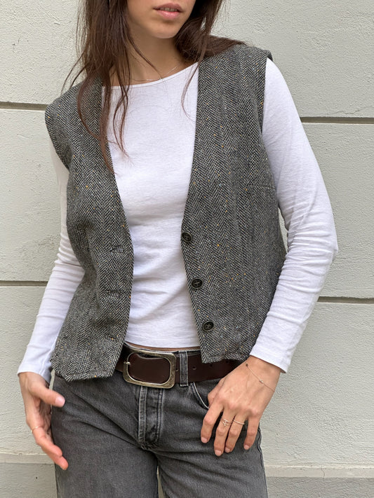 Vintage Gray Speckled Wool Vest M