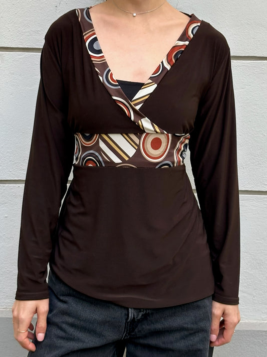Vintage Viscose Y2K Brown Retro Print Detail V-Neck Tie Back Baby Doll Top M