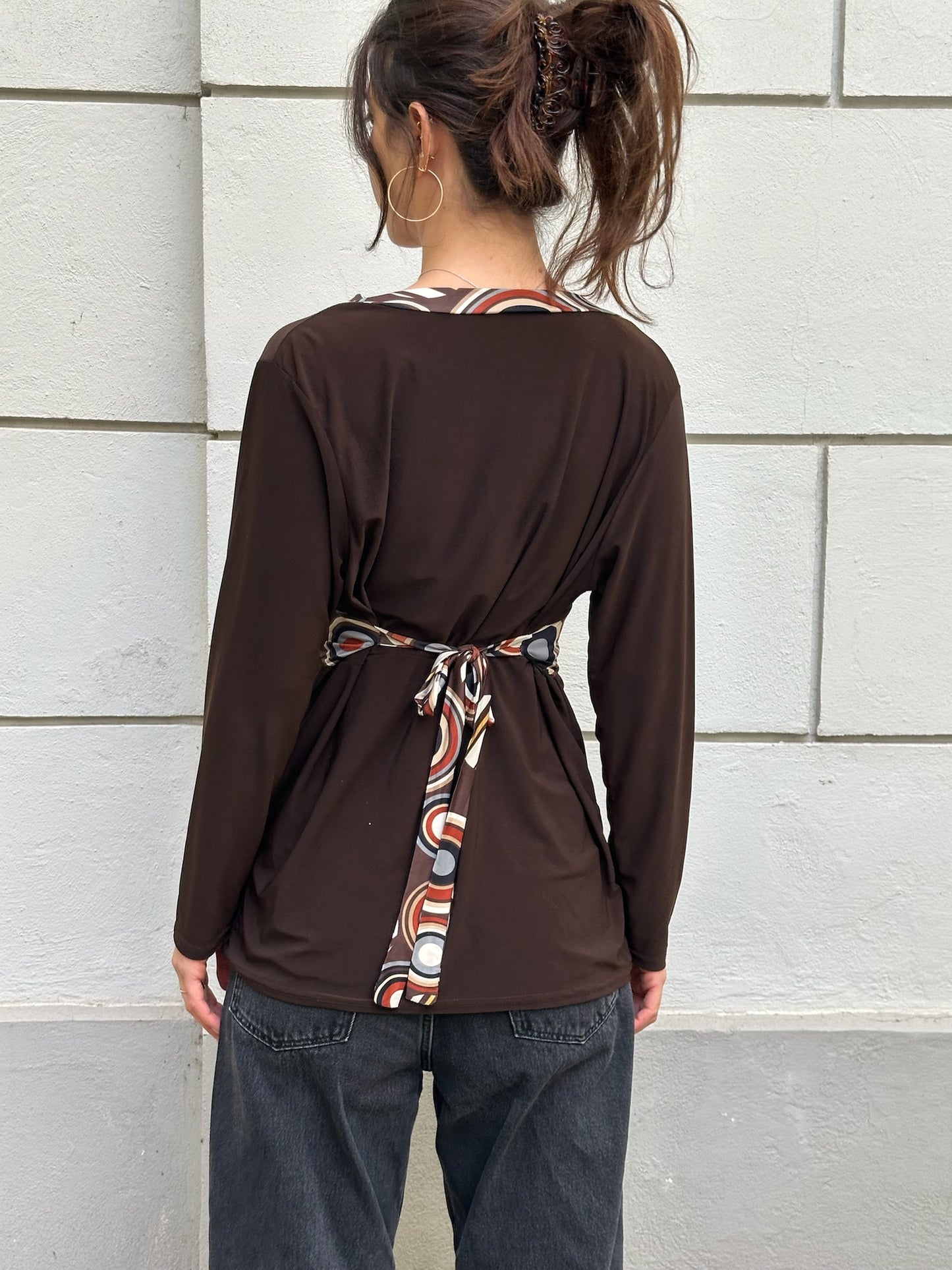 Vintage Viscose Y2K Brown Retro Print Detail V-Neck Tie Back Baby Doll Top M