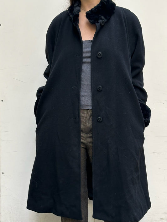 Vintage Faux Fur Trim Wool Black Coat M