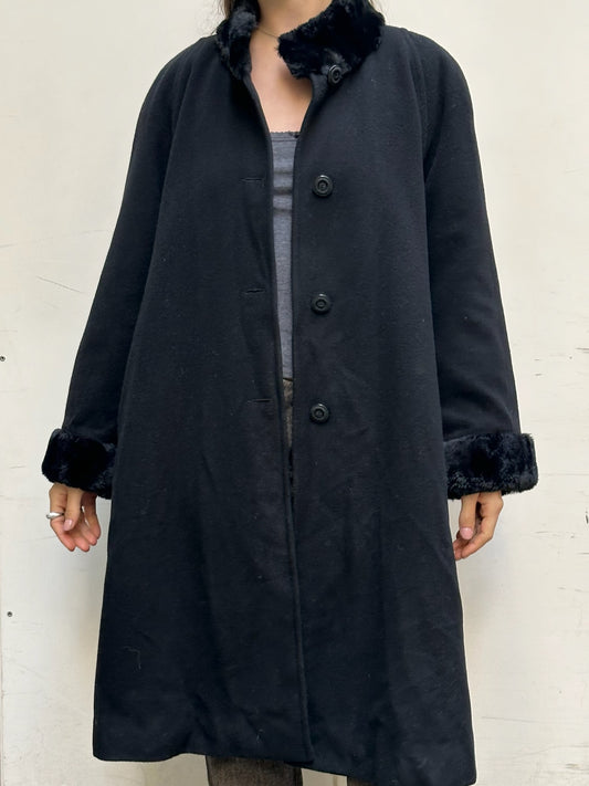 Vintage Faux Fur Trim Wool Black Coat M