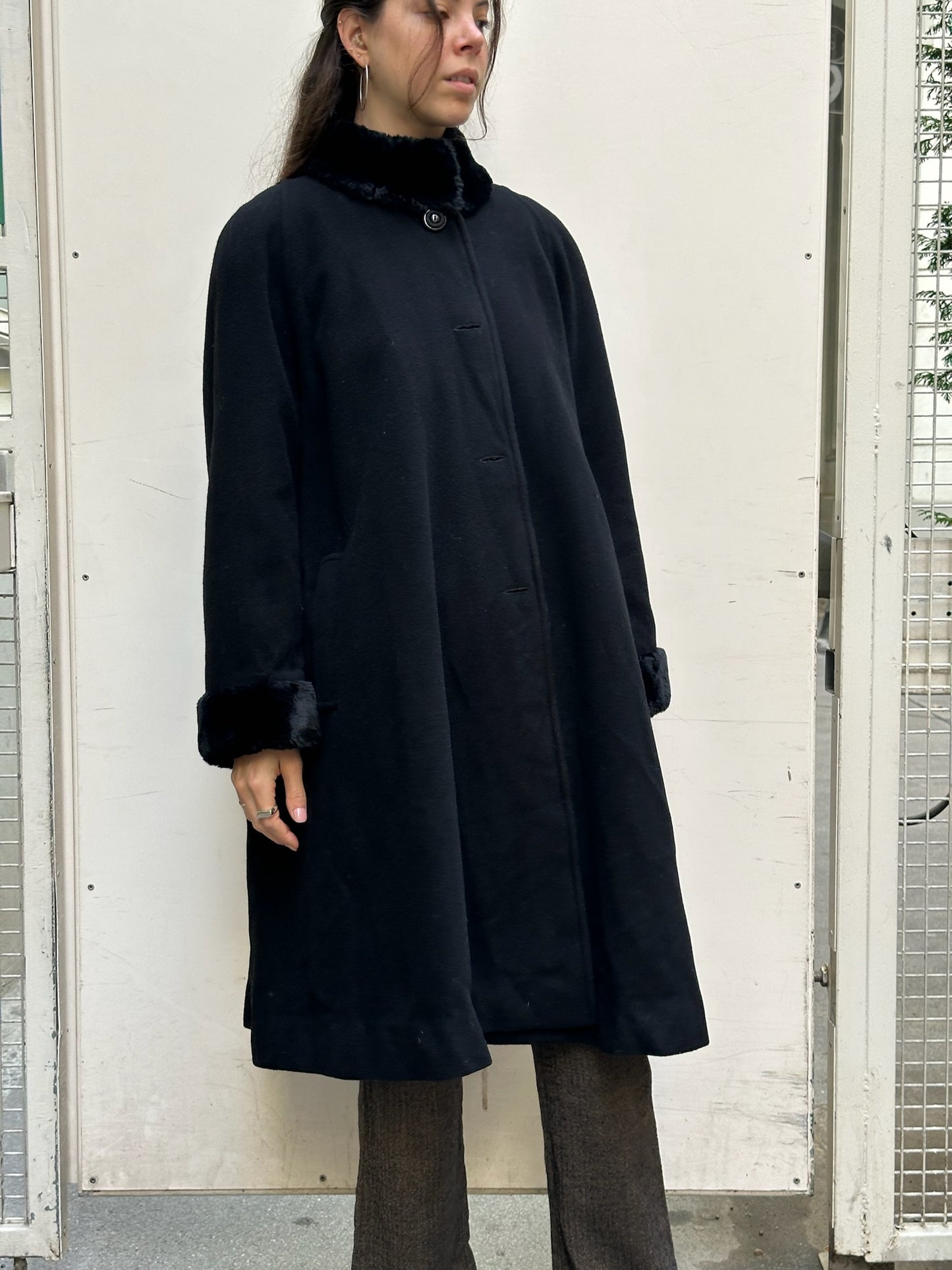 Vintage Faux Fur Trim Wool Black Coat M