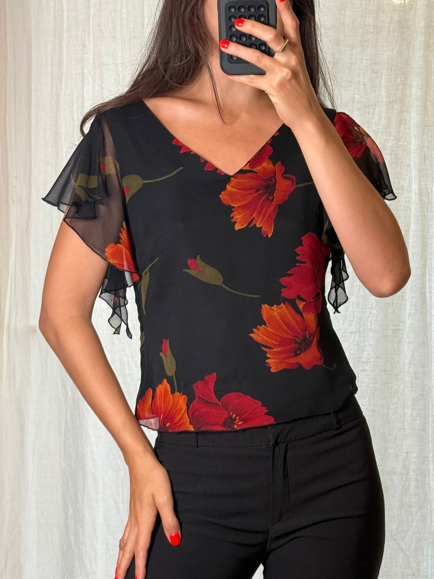 Vintage 100% Viscose Black Floral Fairy Top S