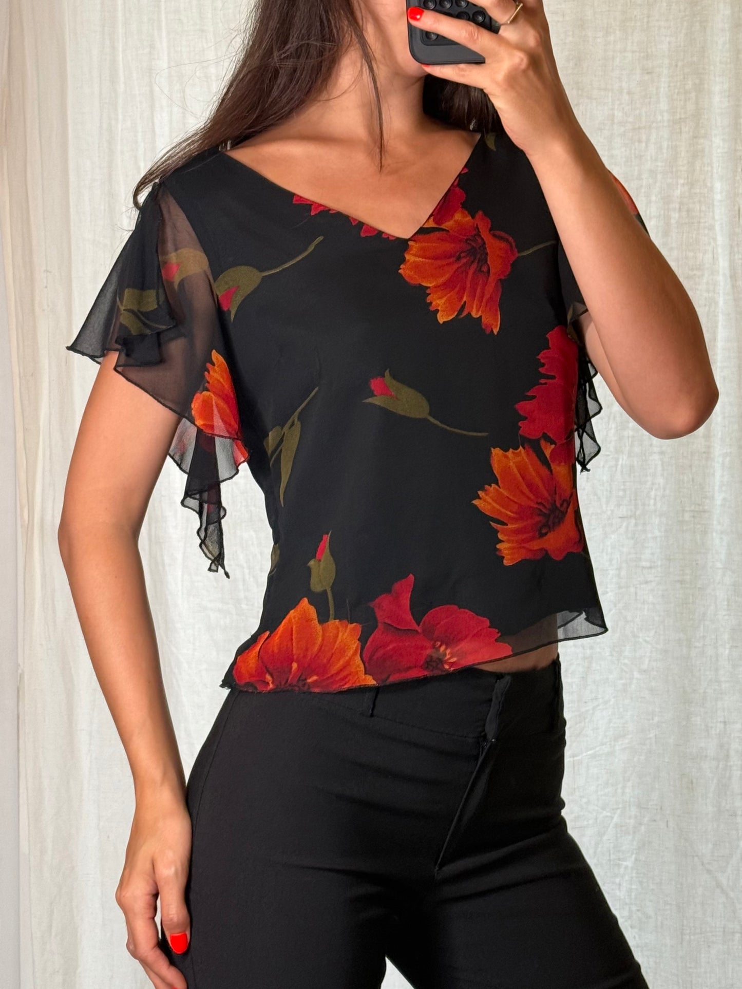 Vintage 100% Viscose Black Floral Fairy Top S
