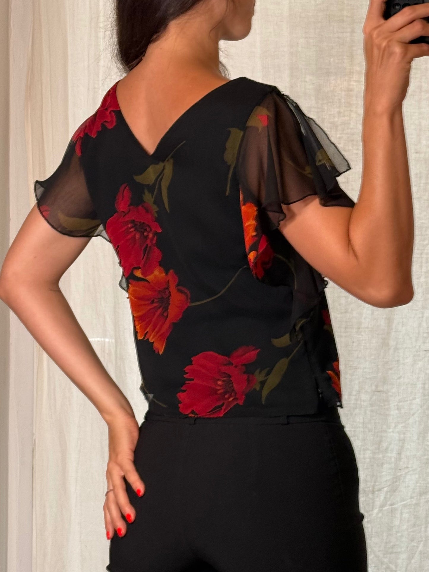 Vintage 100% Viscose Black Floral Fairy Top S