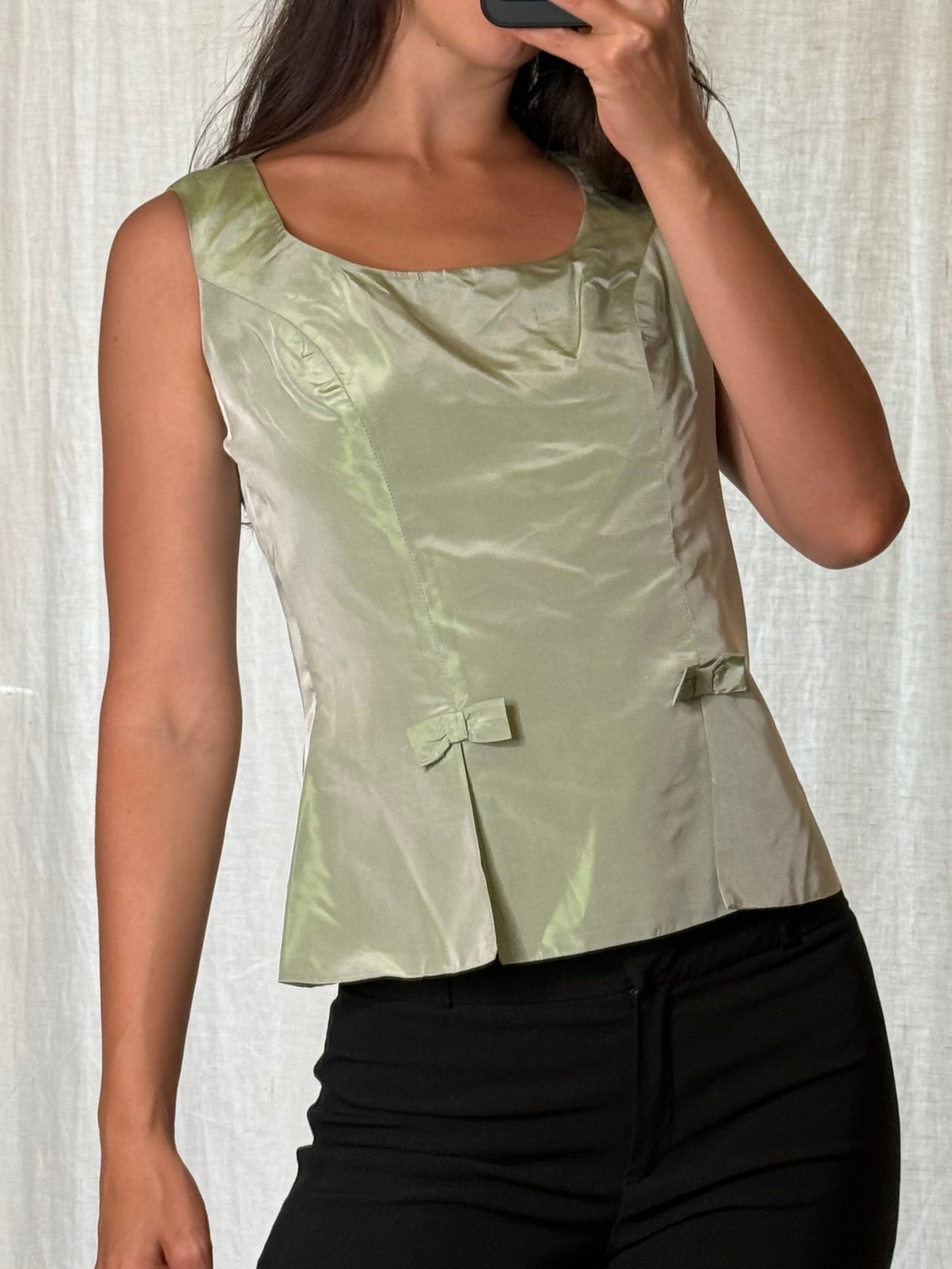 Vintage Iridescent Mint Green Shiny Bow Top S