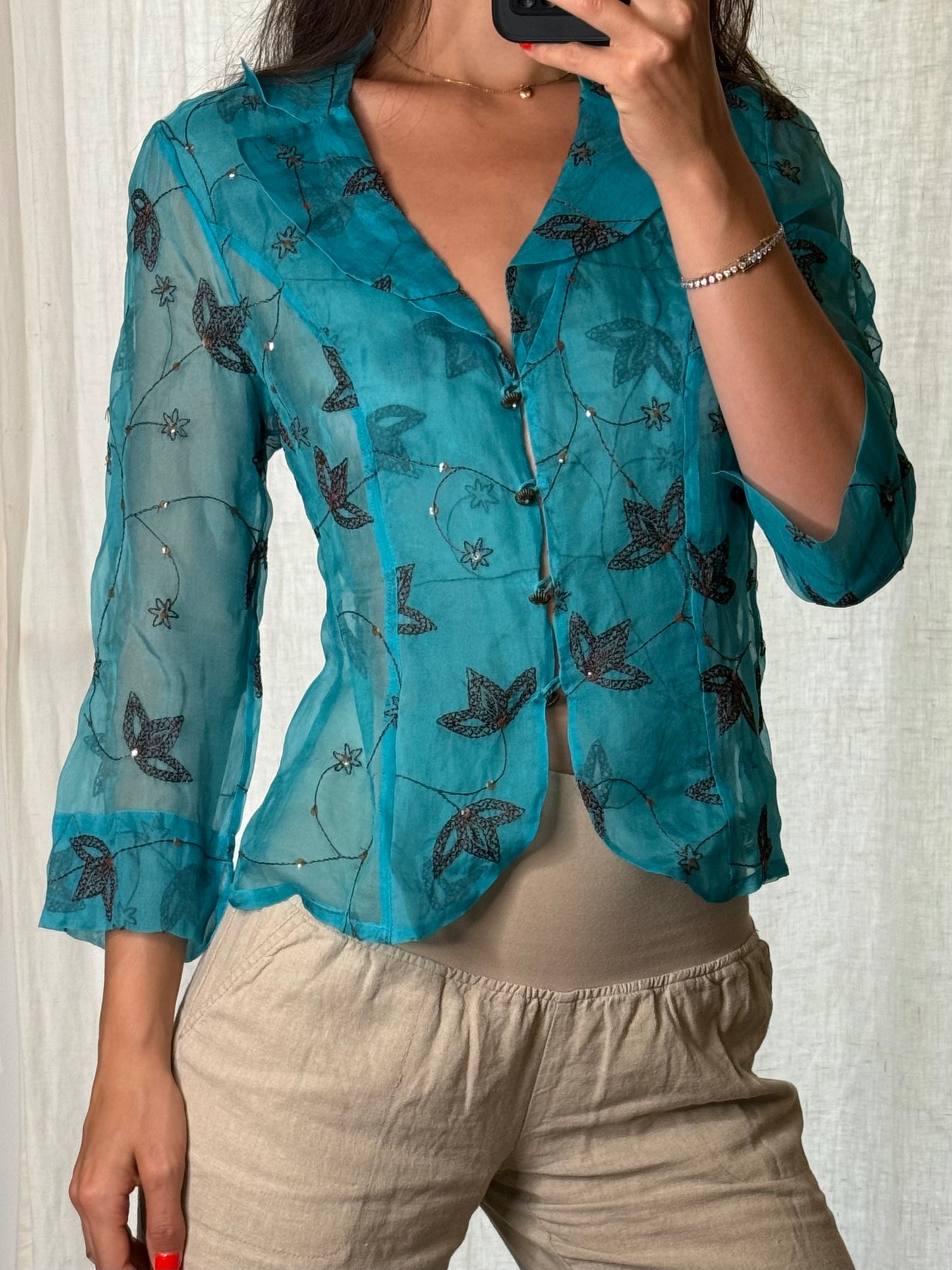 Vintage Turquoise Sheer Organza Embroidered Top S