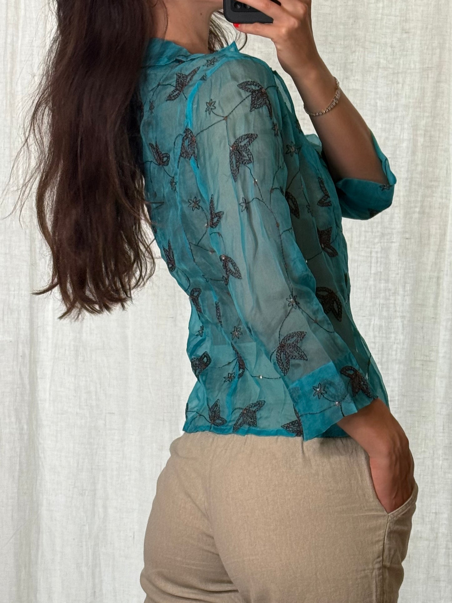 Vintage Turquoise Sheer Organza Embroidered Top S