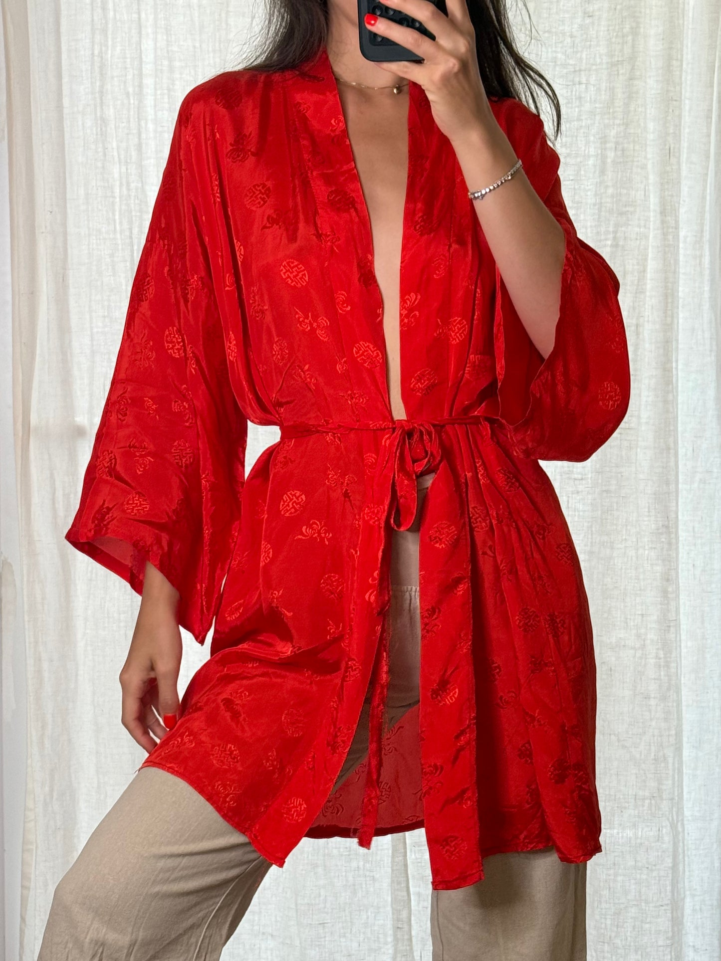Vintage 100% Rayon Red Kimono Robe One Size