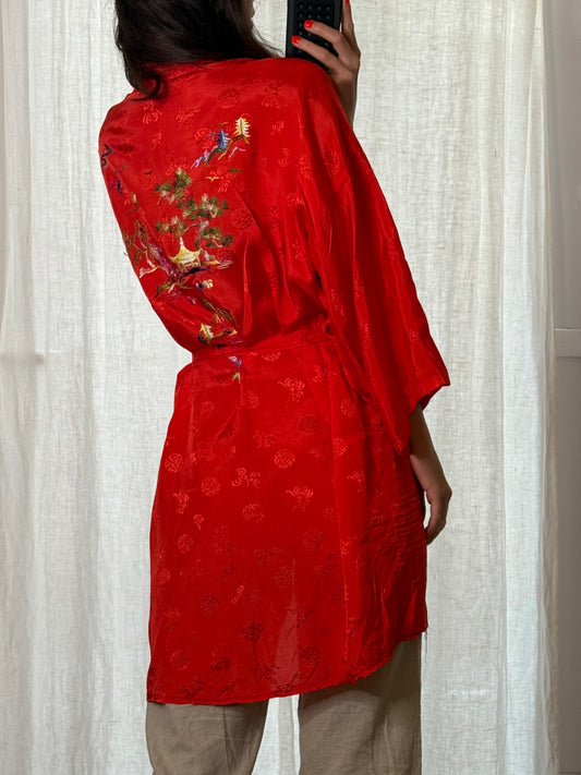 Vintage 100% Rayon Red Kimono Robe One Size