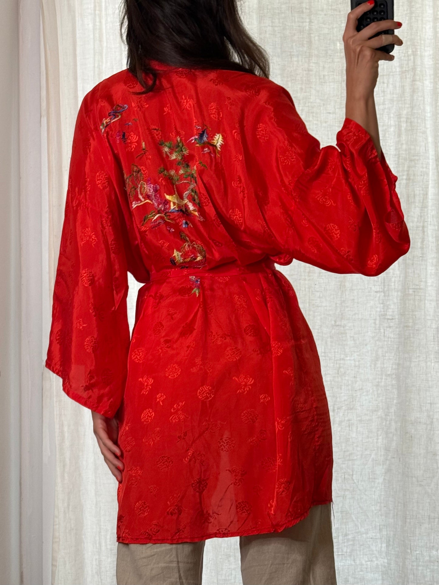 Vintage 100% Rayon Red Kimono Robe One Size