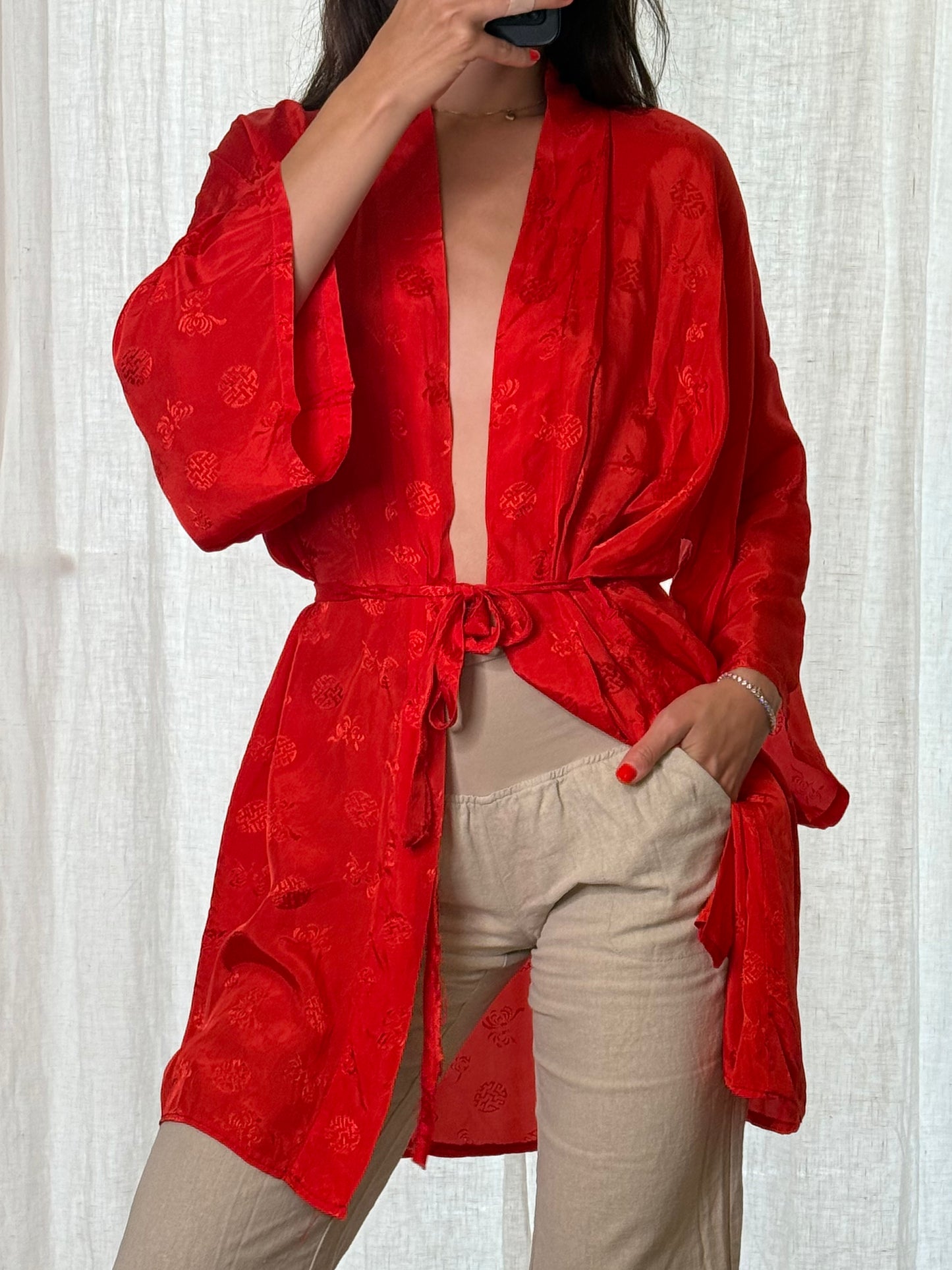 Vintage 100% Rayon Red Kimono Robe One Size