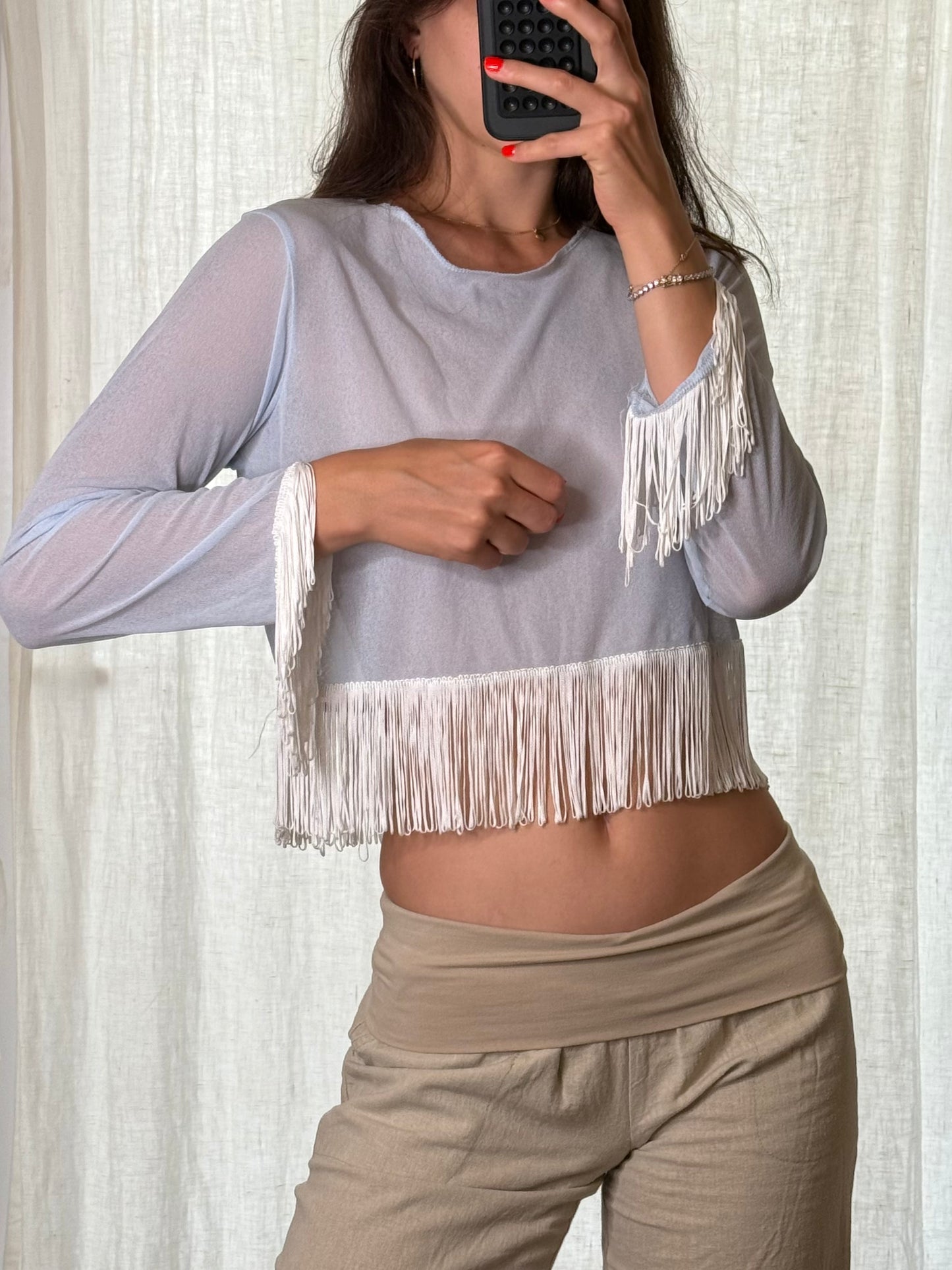 Baby Blue Fringe Tassel Crop Top S