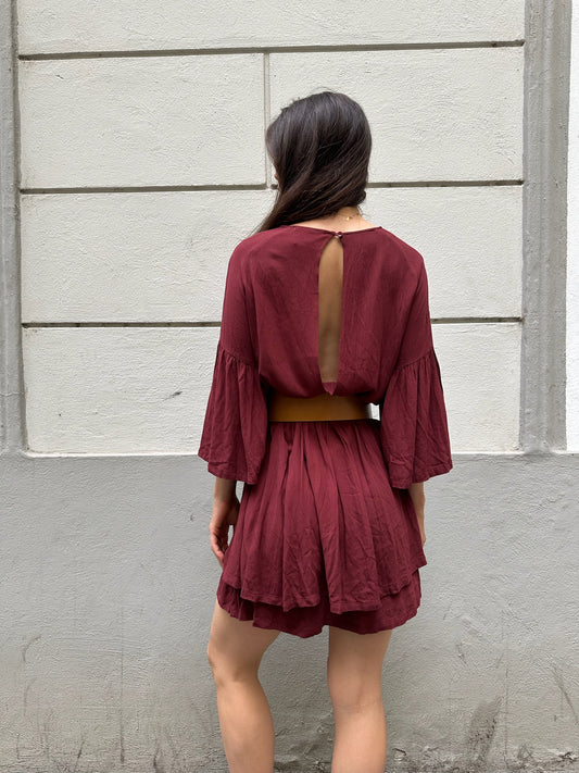 Just Female 100% Viscose Burgundy Red Slit Back Flowy Dress S