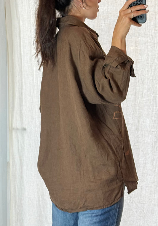 Vintage 100% Linen Brown Button Down Shirt L