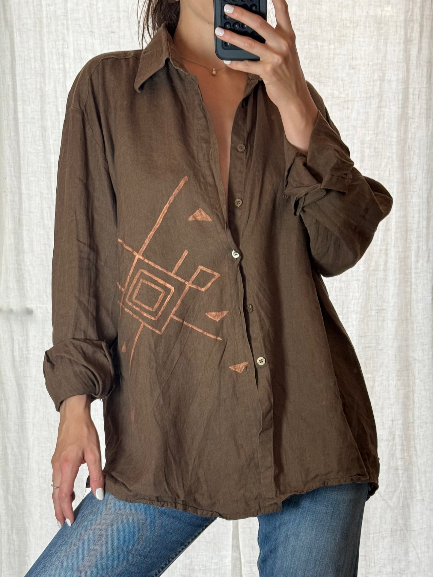 Vintage 100% Linen Brown Button Down Shirt L